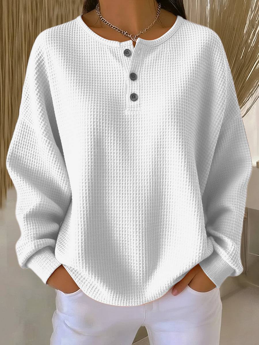 Mirabel™ Cozy Waffle Henley Sweatshirt by THE WHITMORE FAMILY, featuring a warm waffle-knit fabric and henley neckline in a casual fit.
