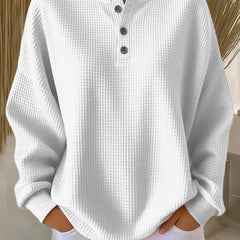 Women’s cozy waffle henley sweatshirt by THE WHITMORE FAMILY, featuring a relaxed fit and buttoned placket in soft fabric.