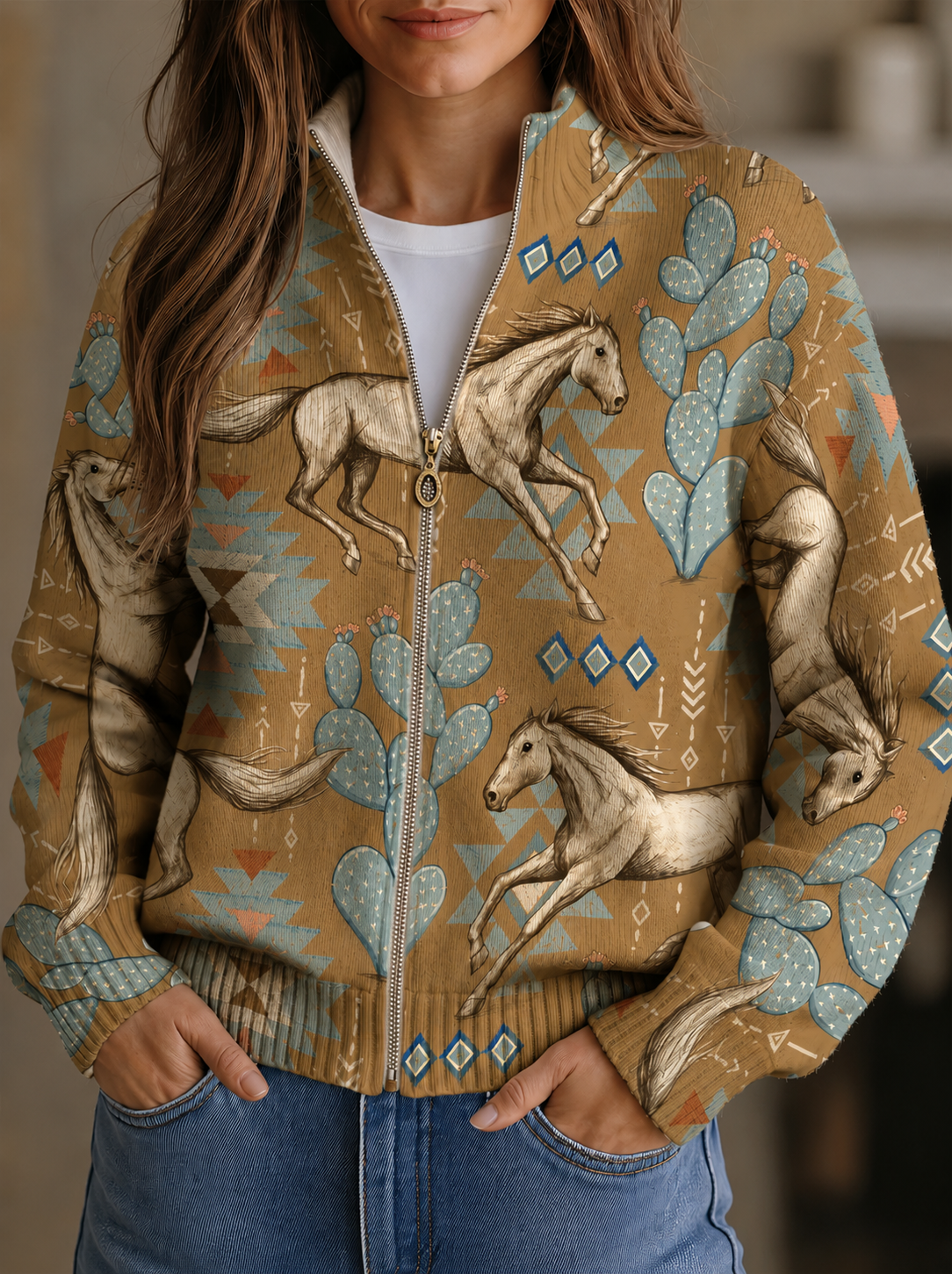 Winona | Desert Horse and Cactus Zip Cardigan