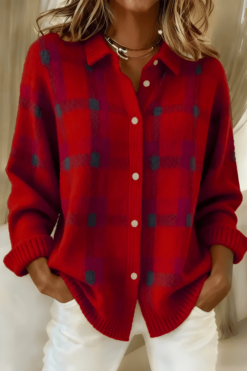 Camille™ plaid cardigan by THE WHITMORE FAMILY featuring a cozy, stylish plaid pattern and knit fabric for casual wear.