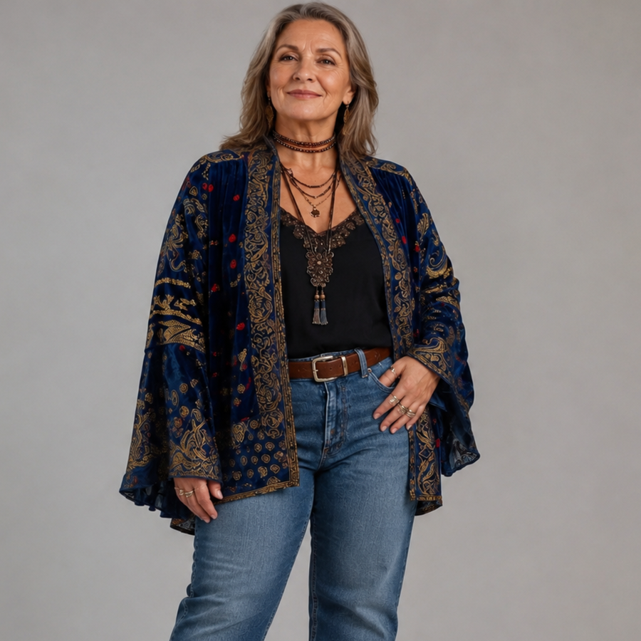 Boho embroidered kimono cardigan by THE WHITMORE FAMILY, featuring colorful embroidery and flowy fabric, casual and stylish.