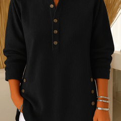 Women’s Button Henley Sweater Tunic by THE WHITMORE FAMILY, featuring a comfortable knit fabric and button detail.