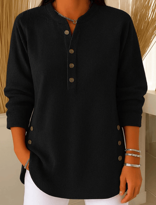 Women’s Button Henley Sweater Tunic by THE WHITMORE FAMILY, featuring a comfortable knit fabric and button detail.