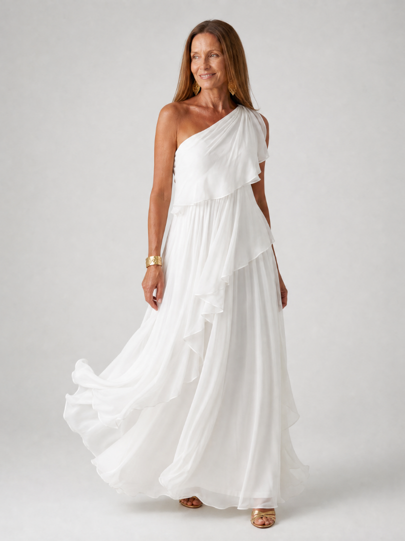 Talia cascading ruffle maxi dress by THE WHITMORE FAMILY, flowing fabric with layered ruffles, elegant and stylish for formal occasions.