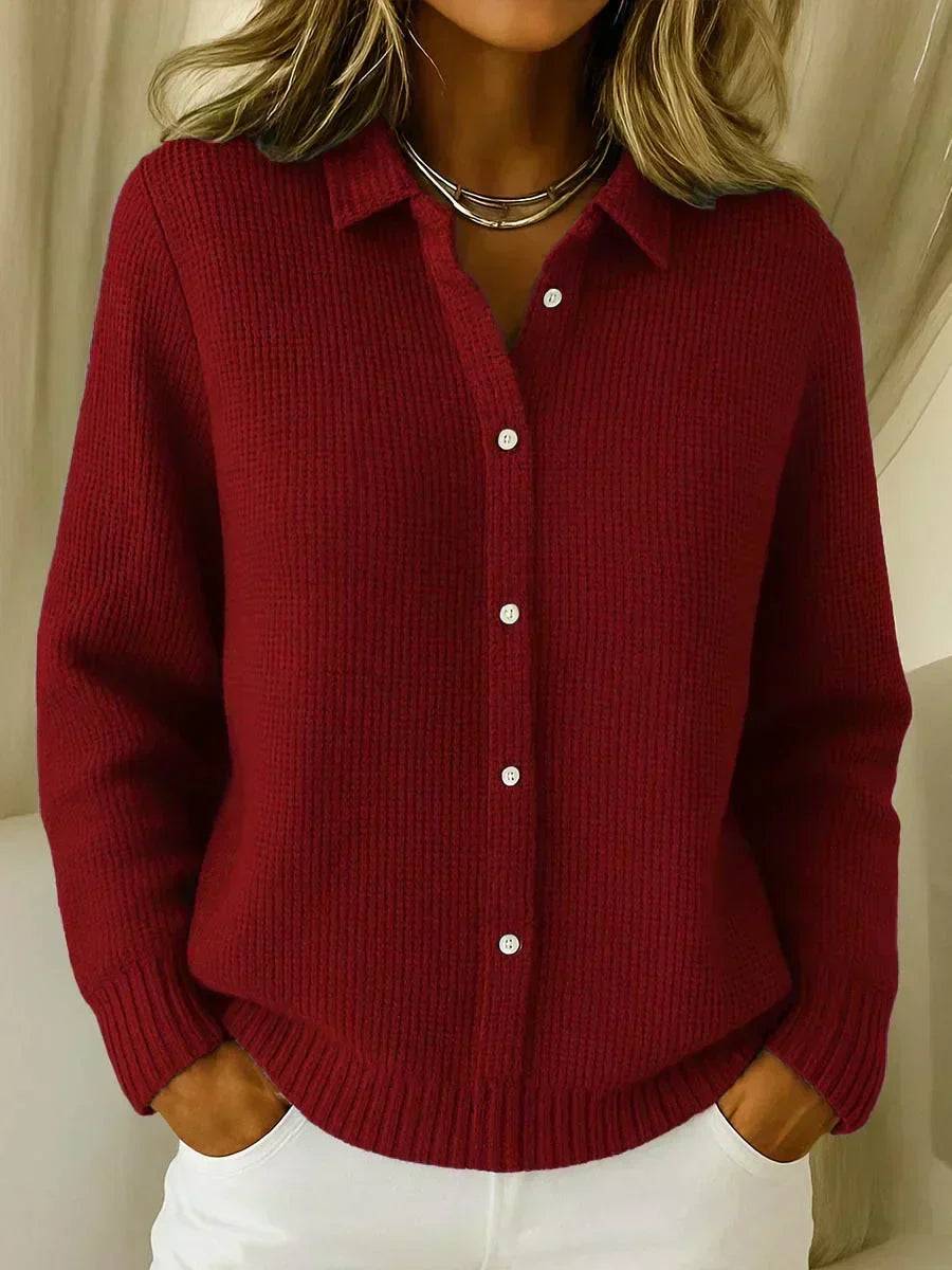 Camille™ textured knit button-up cardigan by THE WHITMORE FAMILY, featuring a cozy knit fabric and front button closure.