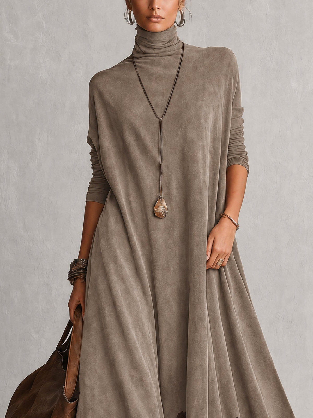Vintage Brown Suede Feel Long Sleeve Lace Hem Maxi Dress