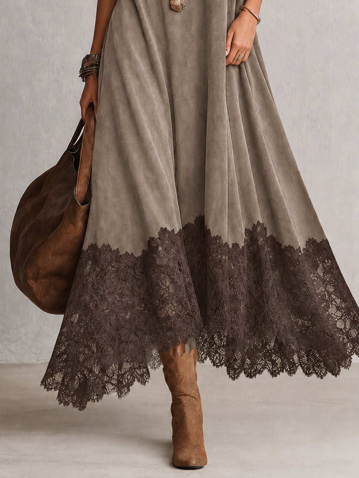 Vintage Brown Suede Feel Long Sleeve Lace Hem Maxi Dress