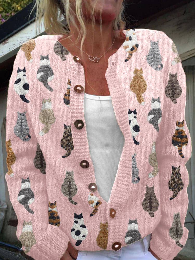 Charlotte™ Cozy Cat Print Cardigan by THE WHITMORE FAMILY featuring soft knit fabric and playful feline patterns.