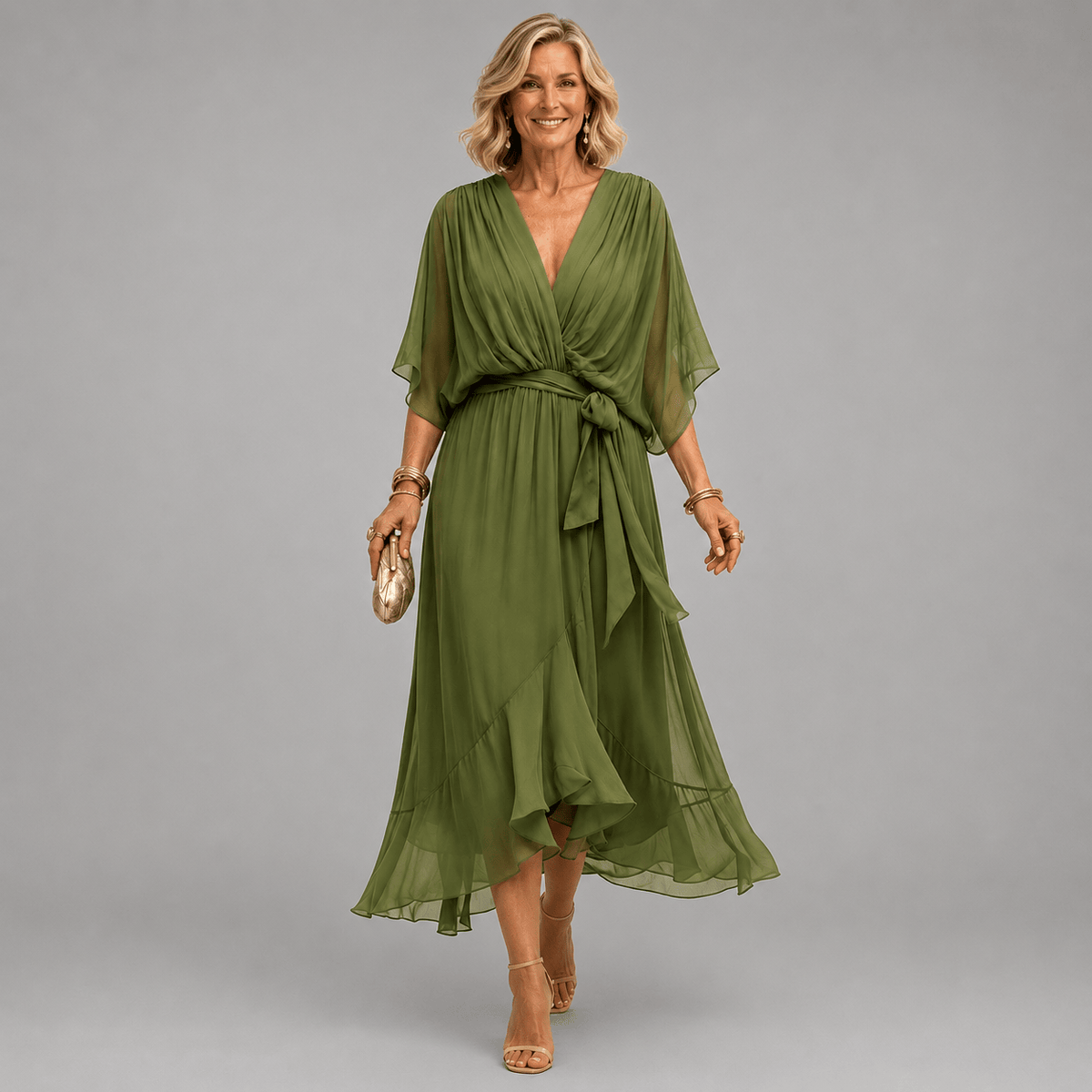 Mona V-neck dress by THE WHITMORE FAMILY displayed on a hanger, featuring a flowing fabric and elegant V-neck design.