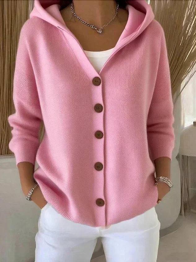 Darienne™ hooded button-up knit cardigan by THE WHITMORE FAMILY, featuring a cozy hood, button closure, and textured knit fabric.