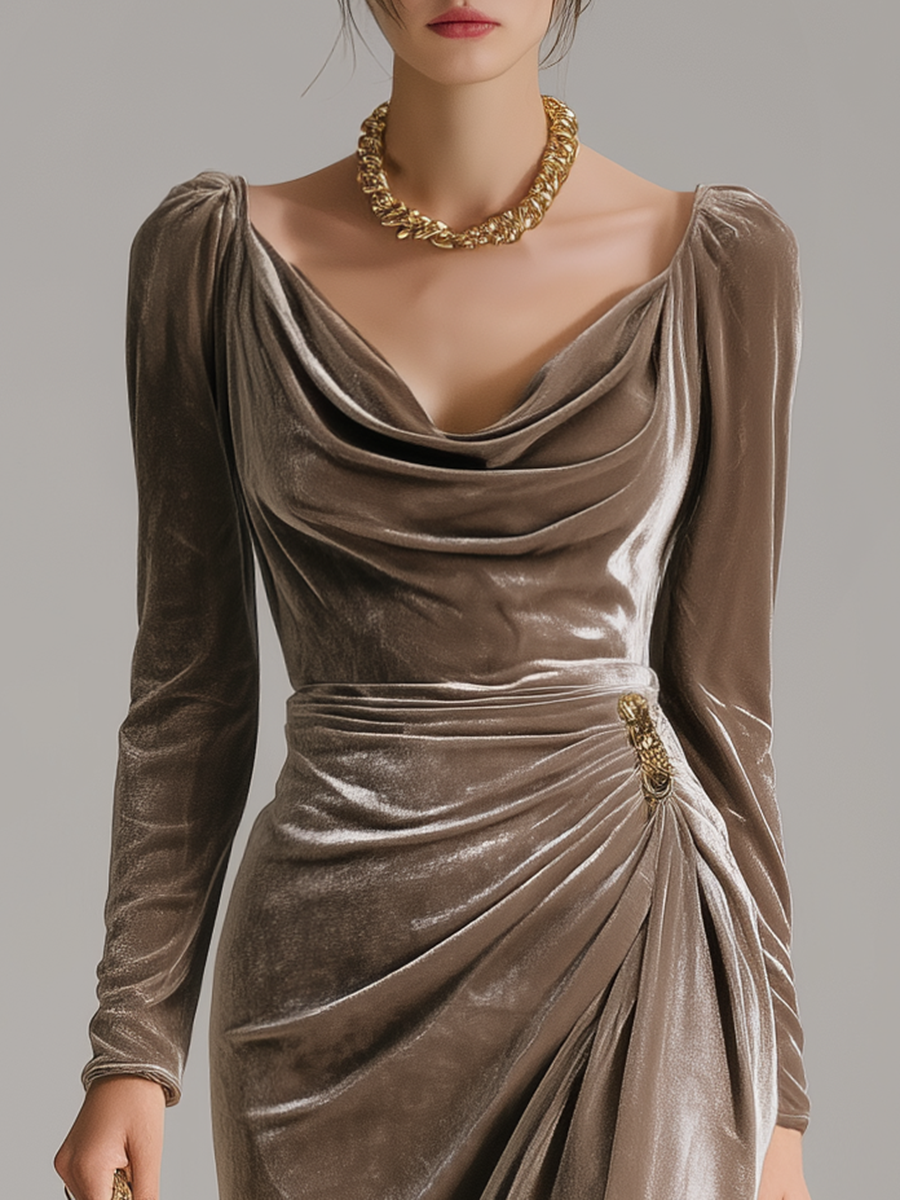 Arabella | Velvet cowl-neck midi dress with draped wrap skirt