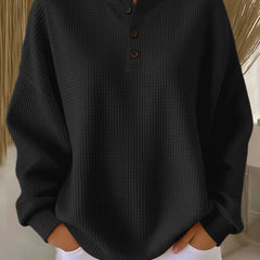 Cosy waffle henley sweatshirt for women by THE WHITMORE FAMILY, featuring a textured waffle fabric and henley neckline.