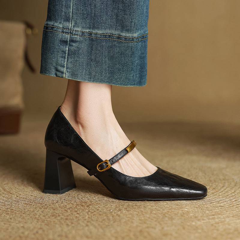 Marleon leather strap pumps by THE WHITMORE FAMILY featuring sleek design and ankle strap, perfect for stylish footwear.