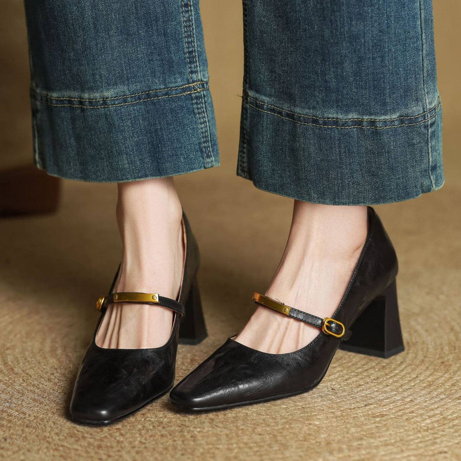 Marleon leather strap pumps by THE WHITMORE FAMILY featuring stylish design and comfortable fit, shown on a white background.