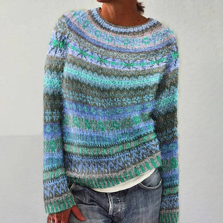 Diane retro Scandinavian knitted sweater by THE WHITMORE FAMILY featuring bold geometric patterns and cozy wool texture.