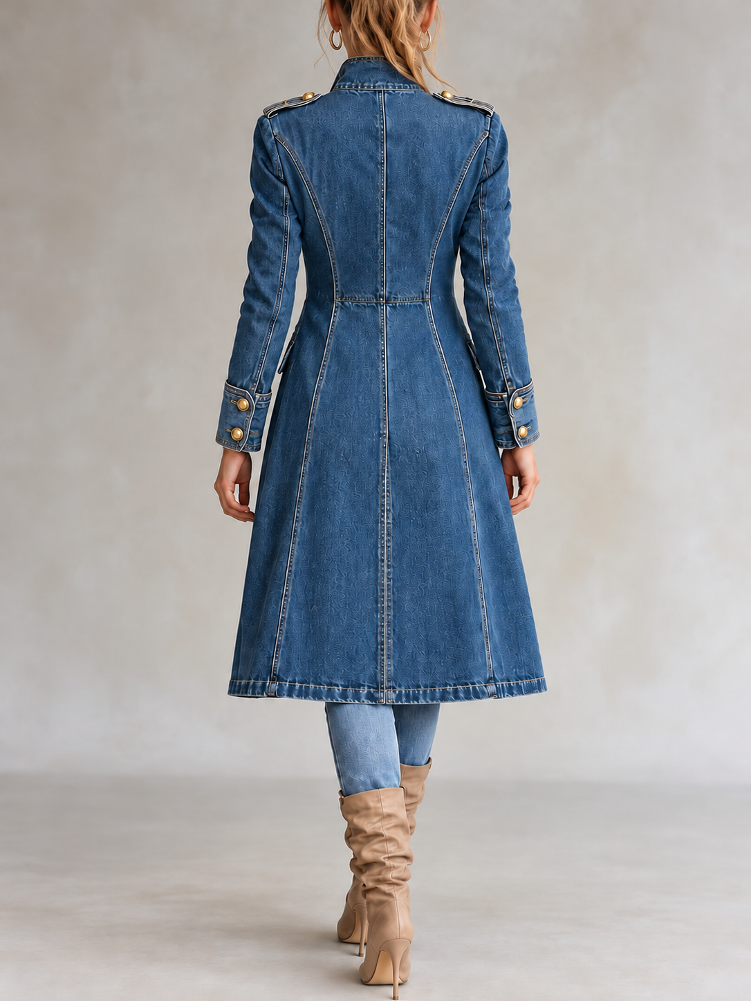 Long denim military-style coat with golden buttons