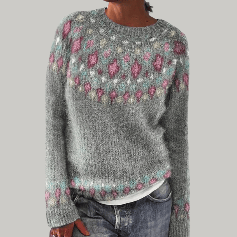 Scandinavian knitted sweater by THE WHITMORE FAMILY featuring a retro design in warm autumn and winter colors.