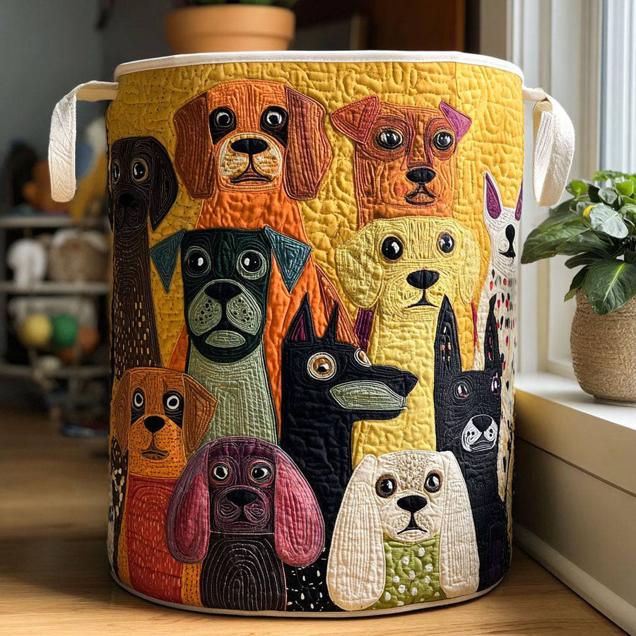 Quilted Barkside Magic laundry basket by THE WHITMORE FAMILY, featuring a soft, quilted fabric design and sturdy handles for easy carrying.