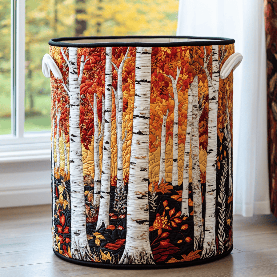 Birch leaves quilted laundry basket by THE WHITMORE FAMILY with soft, padded exterior and sturdy handles for laundry storage.