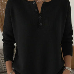 Black Henley button-up knit jumper sweater for women by THE WHITMORE FAMILY, featuring a classic design and button details.