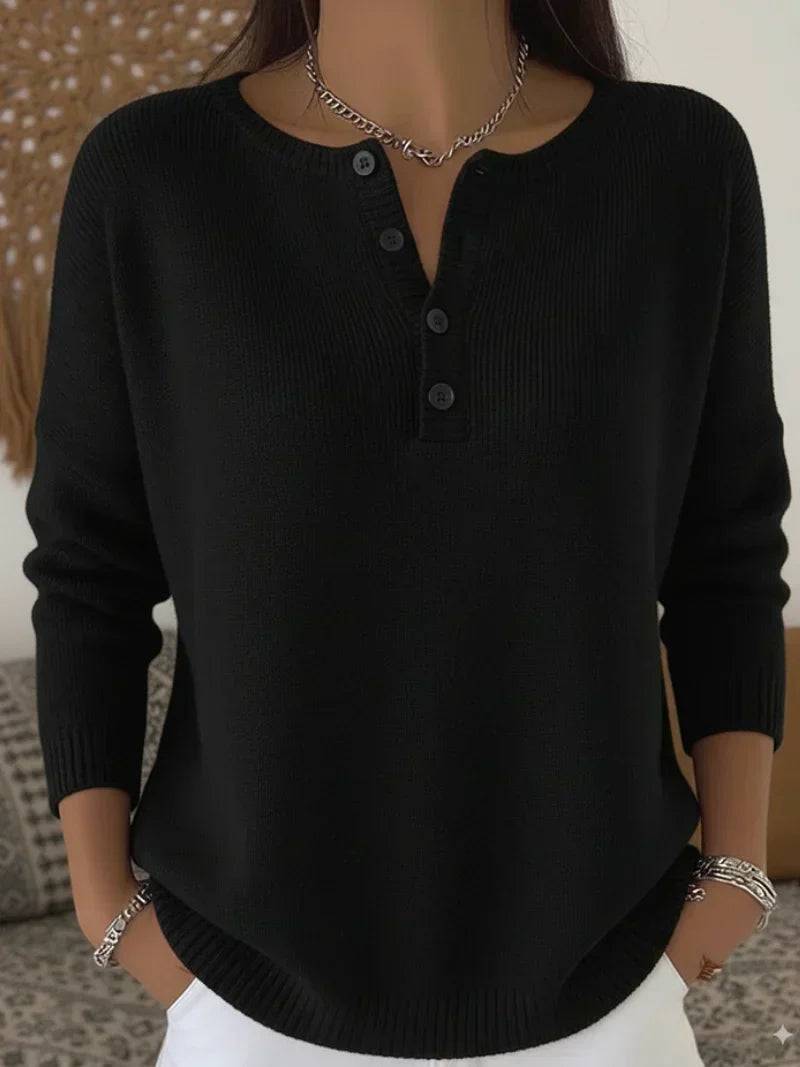Black Henley button-up knit jumper sweater for women by THE WHITMORE FAMILY, featuring a classic design and button details.