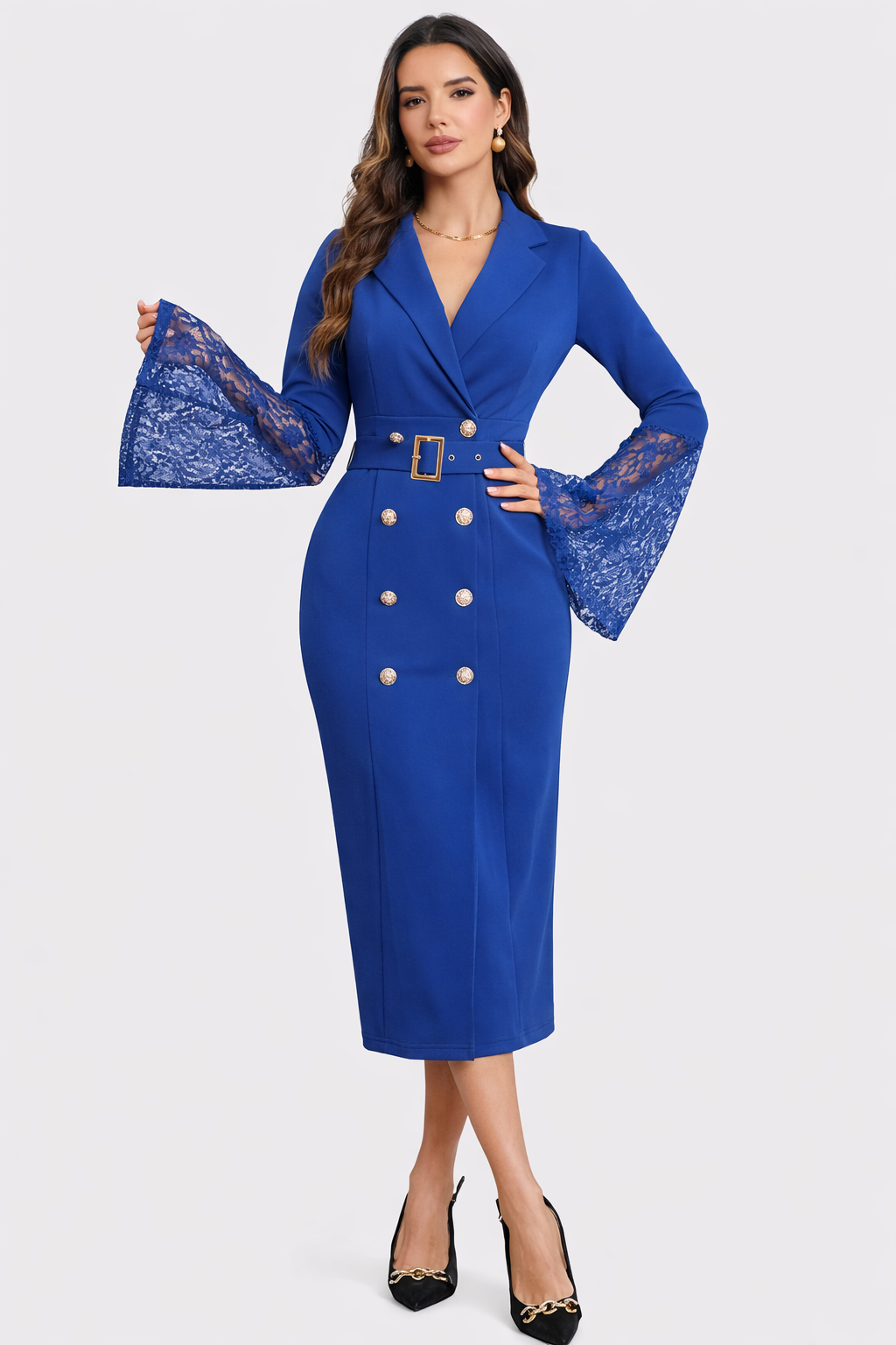 ELVENA™ | Belted Lace-Sleeve Midi Dress