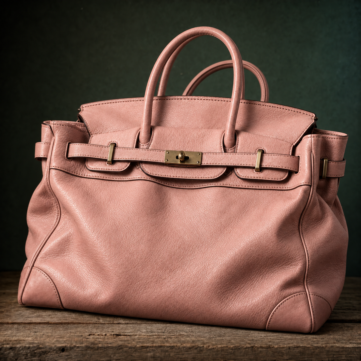 Blush leather Vivienne top handle bag by THE WHITMORE FAMILY on rustic table, showcasing elegant handmade craftsmanship.