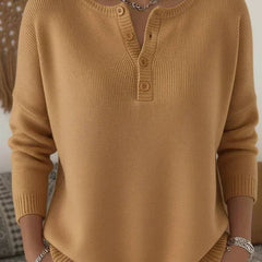 Camel Henley button-up knit sweater for women by THE WHITMORE FAMILY, featuring a classic knit texture and button-up neckline.