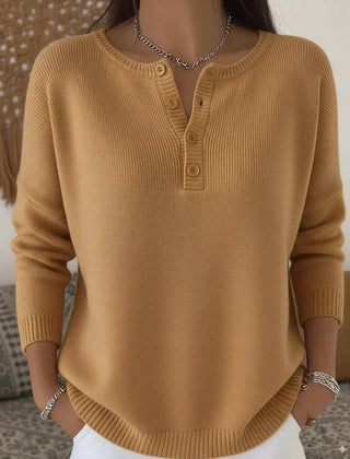 Camel Henley button-up knit sweater for women by THE WHITMORE FAMILY, featuring a classic knit texture and button-up neckline.