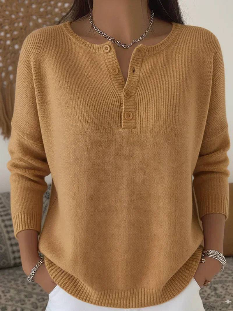 Camel Henley button-up knit sweater for women by THE WHITMORE FAMILY, featuring a classic knit texture and button-up neckline.