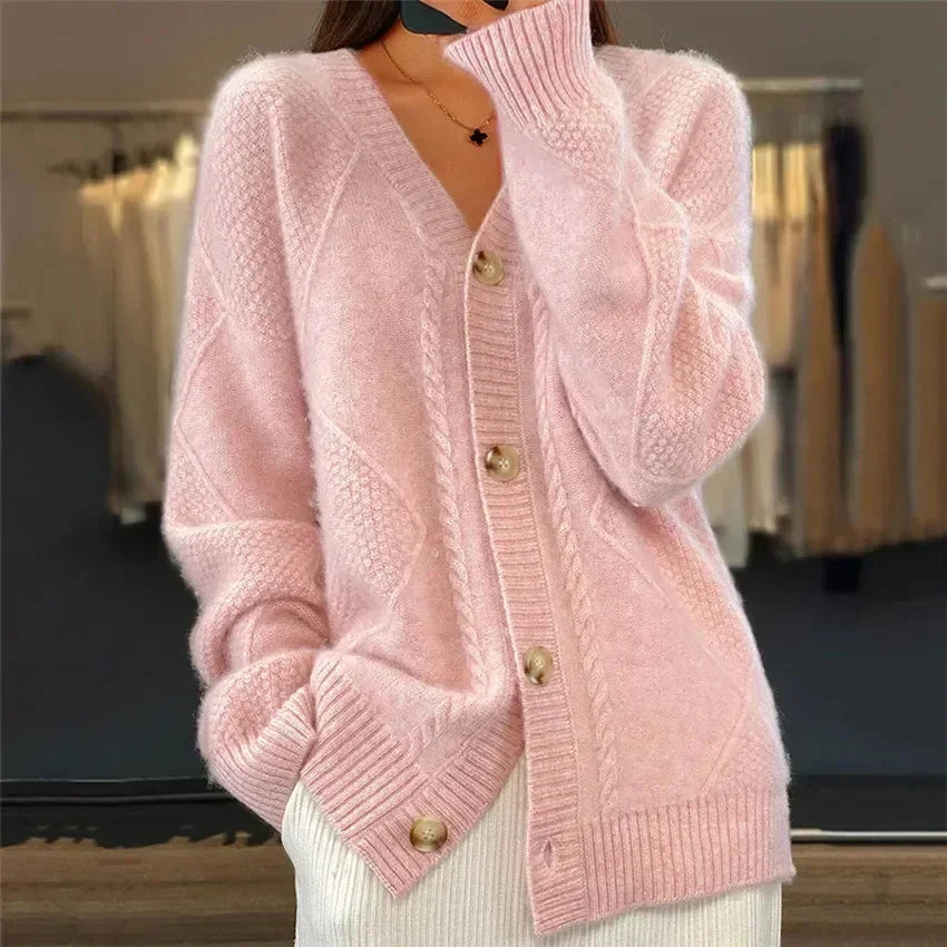 Aaliyah | Button Front V-Neck Cardigan with Diamond Knit Detail, Everyday Layer