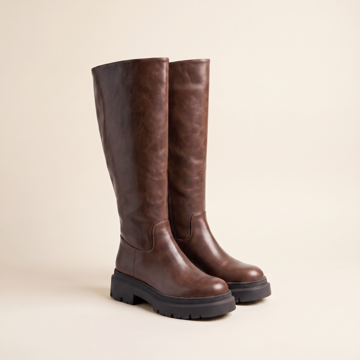 Amara - Brown Boots with Chunky Sole for Wide Calves