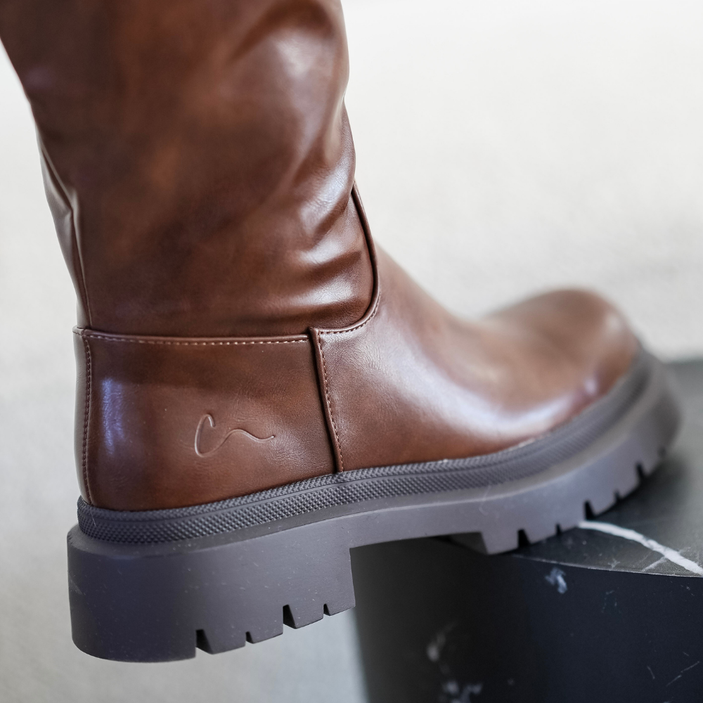 Amara - Brown Boots with Chunky Sole for Wide Calves
