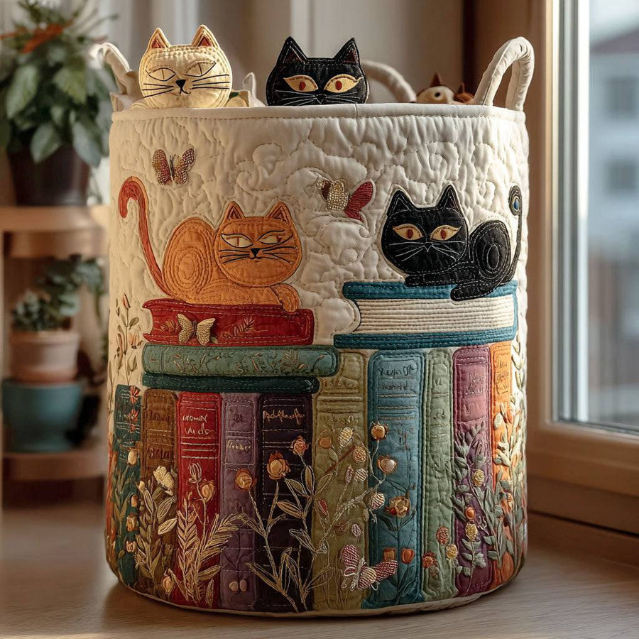 Quilted Cat Parade laundry basket by THE WHITMORE FAMILY with colorful cat illustrations and soft fabric interior.