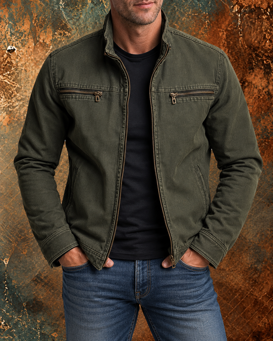 Men's Renato Autumn Jacket by THE WHITMORE FAMILY, stylish men's Giacche Uomo in warm fall colors, shown on a model.