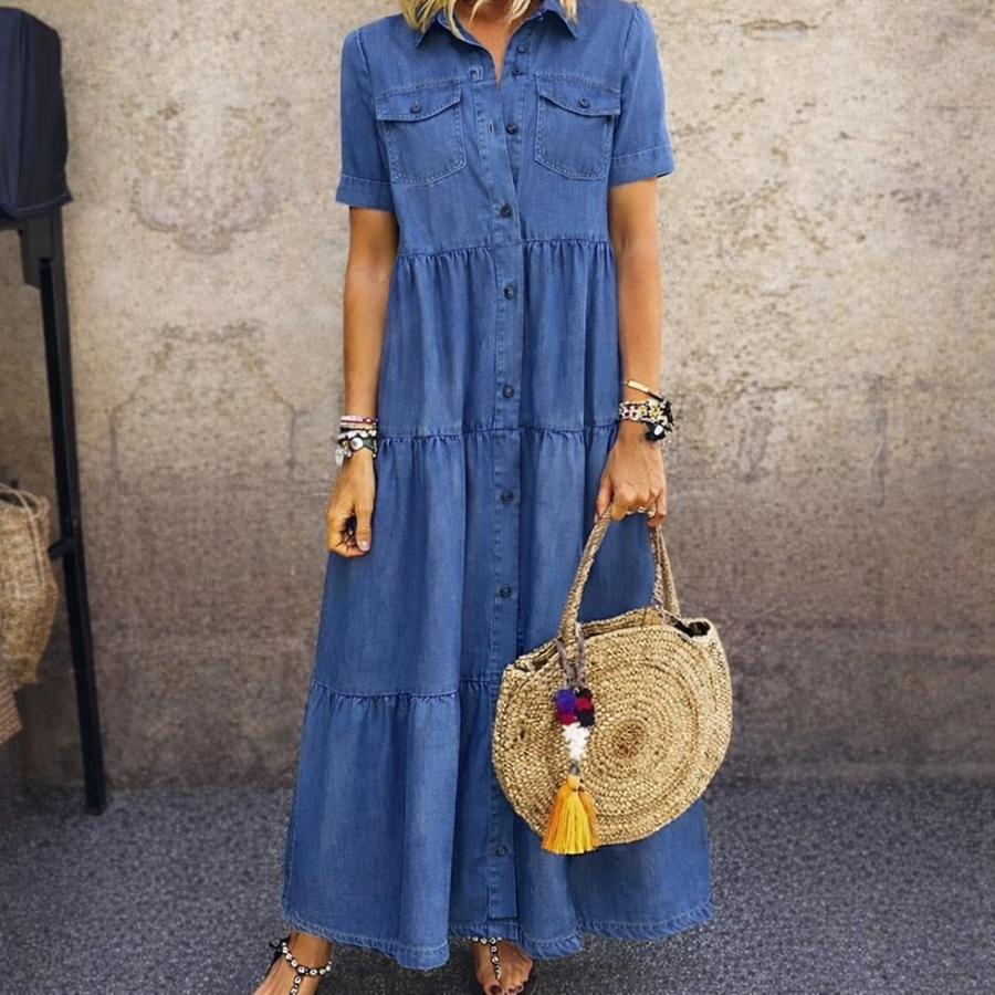 Elizabeth button-front midi dress by The Whitmore Family, shown in a stylish length with a classic button closure and elegant silhouette.
