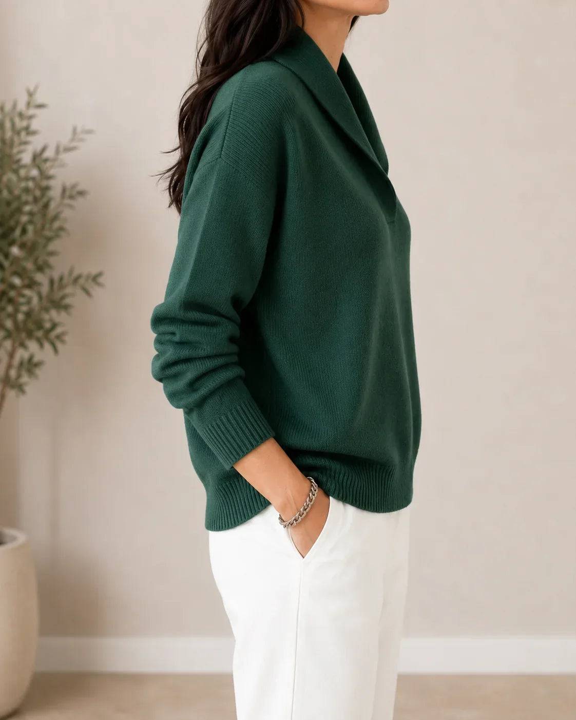 Soft V-neck sweater for women by THE WHITMORE FAMILY, featuring a cozy fit and classic design in a neutral color.