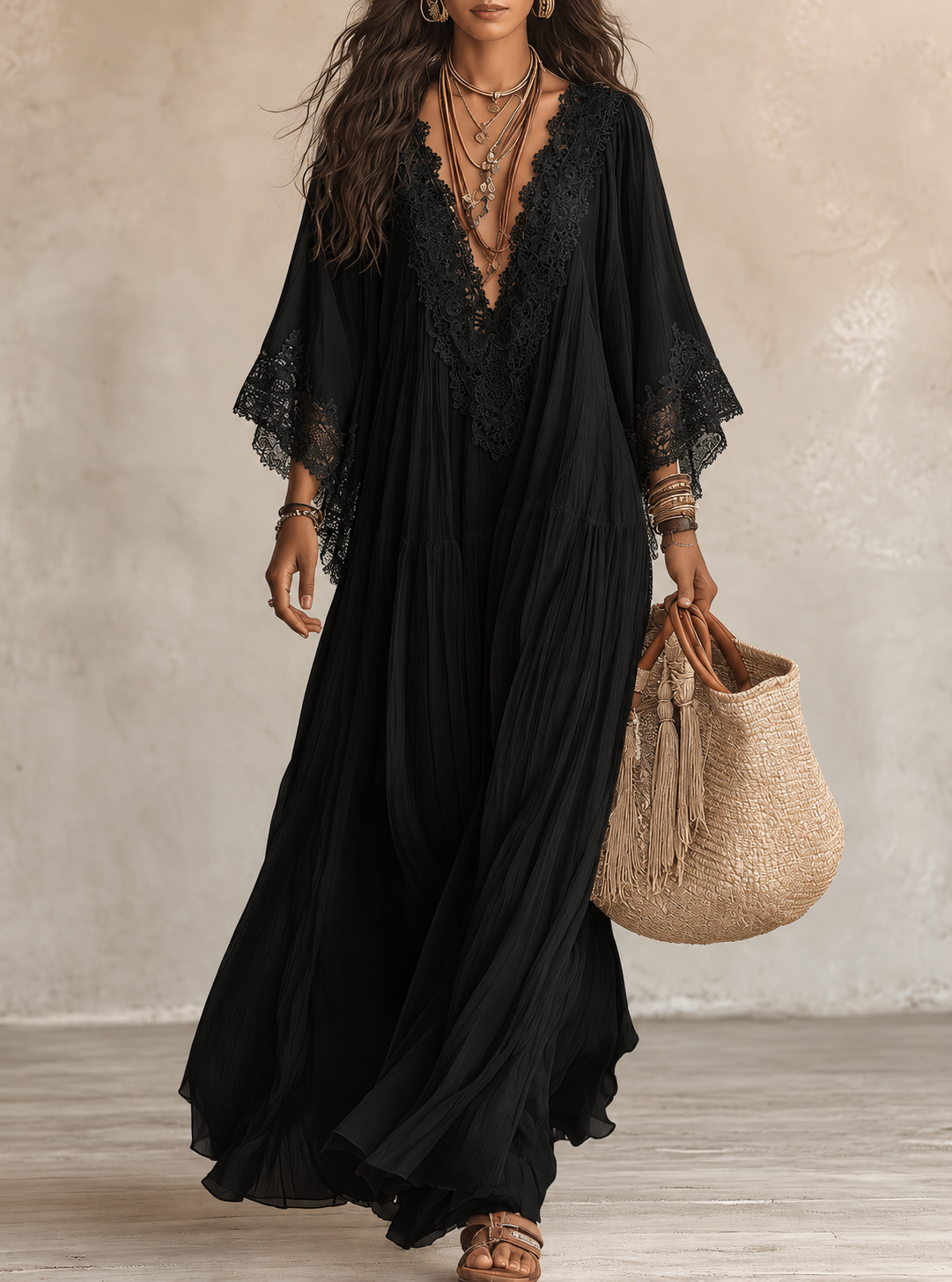Celeste | Long Ivory Chiffon and Lace Dress