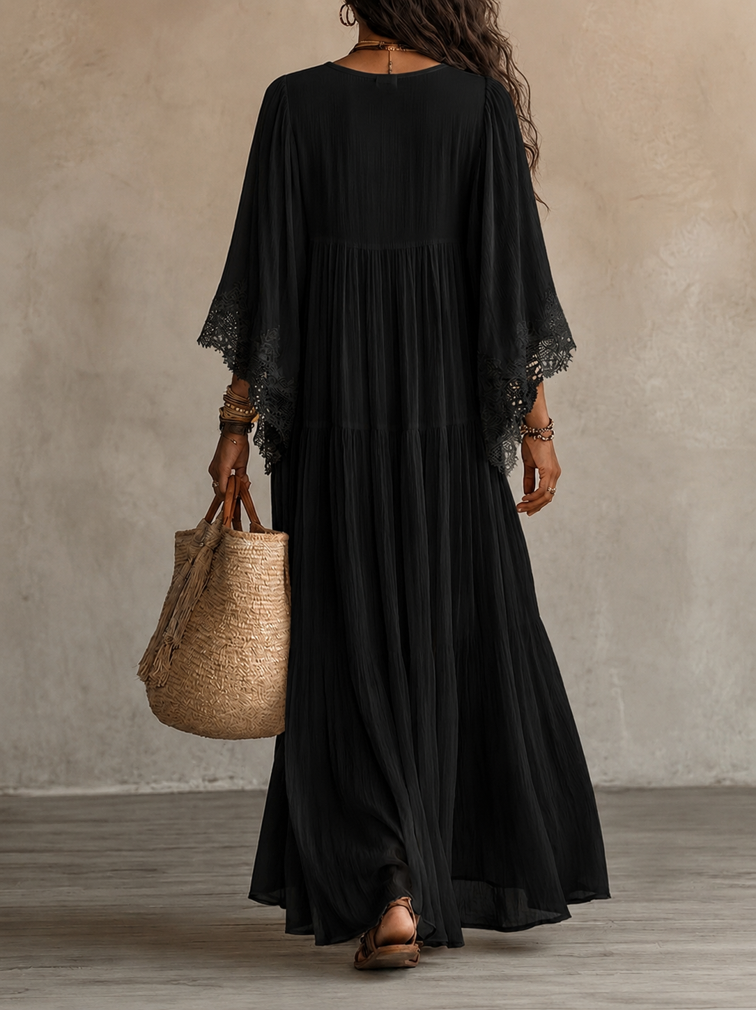 Celeste | Long Ivory Chiffon and Lace Dress