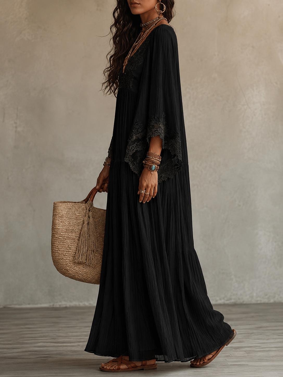 Celeste | Long Ivory Chiffon and Lace Dress
