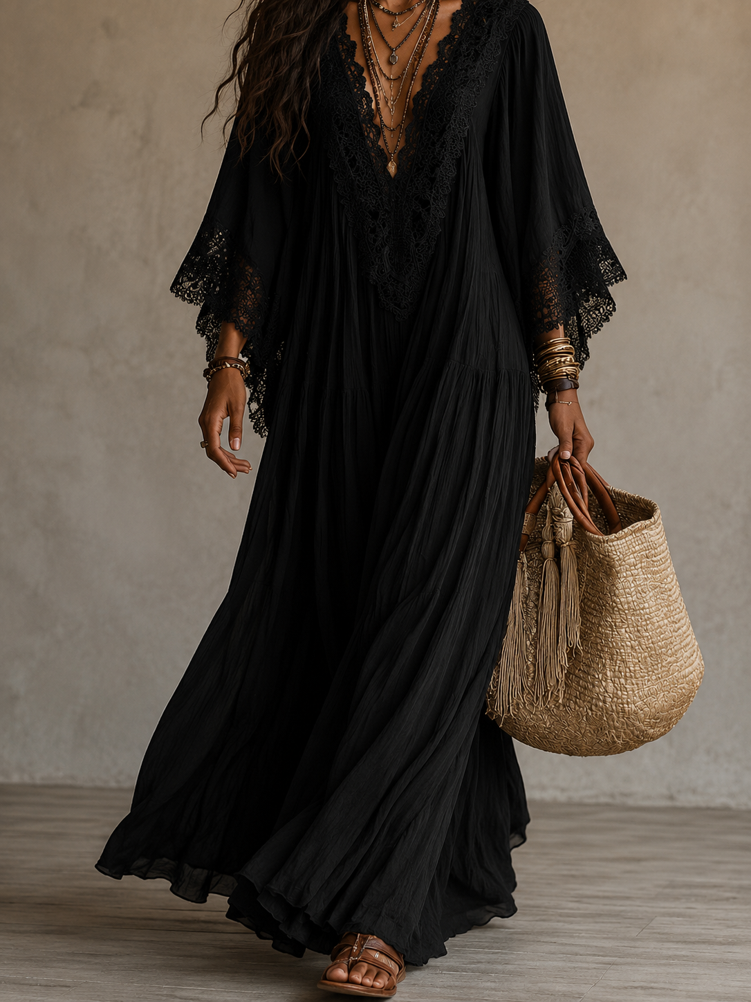 Celeste | Long Ivory Chiffon and Lace Dress