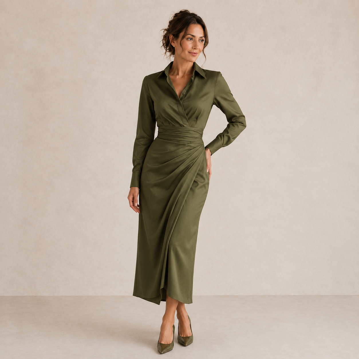 ELVENA™ | Ruched Shirt Midi Dress
