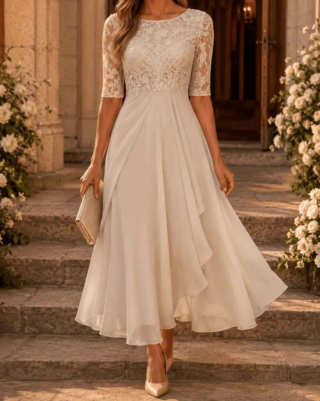 Rosa lace midi dress by THE WHITMORE FAMILY featuring delicate lace fabric and a fitted silhouette, displayed on a mannequin.