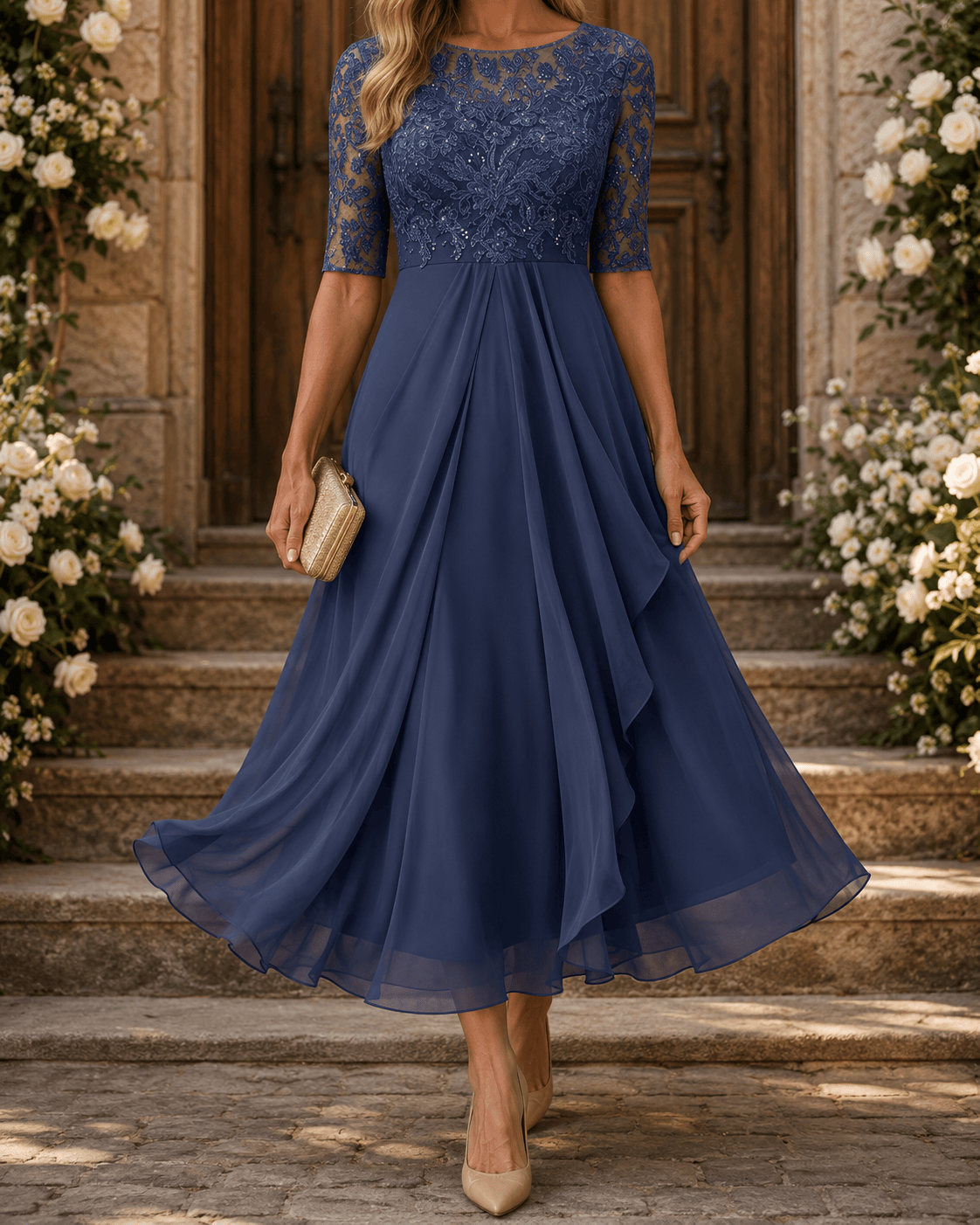 Rosa lace midi dress by THE WHITMORE FAMILY with intricate lace details and a fitted silhouette, displayed on a neutral background.