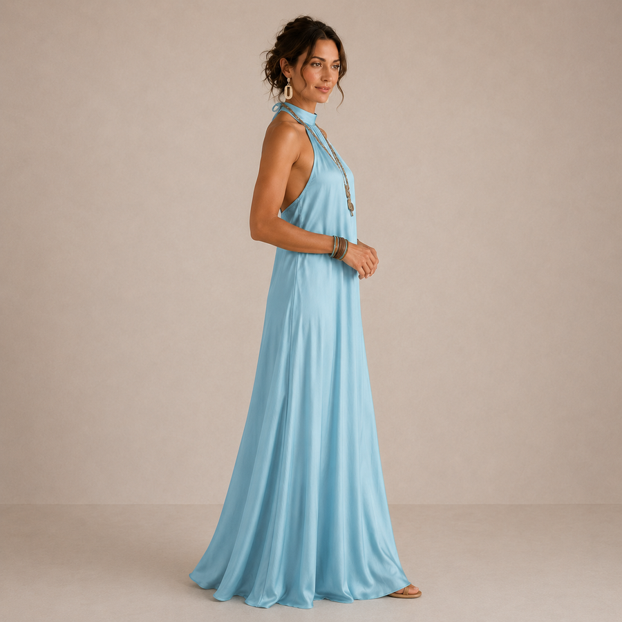 ELVENA™ | Blue Halter-Neck Flowing Maxi Dress