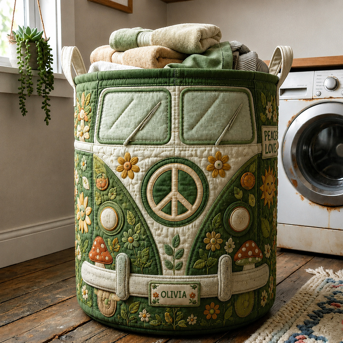 Hippie Camper Van Peace Personalized Quilted Laundry Basket