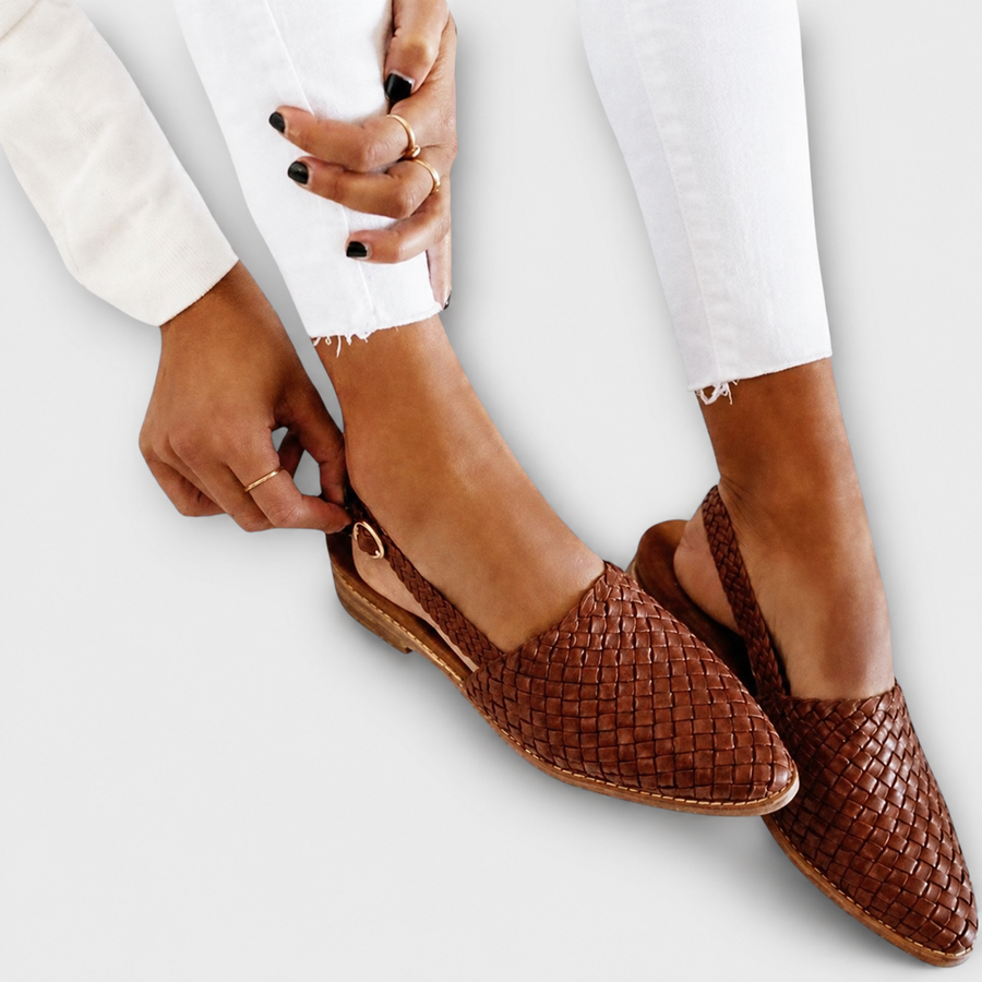 Simone woven leather moccasins with back strap by THE WHITMORE FAMILY, showcasing intricate tressé design and casual slip-on style.