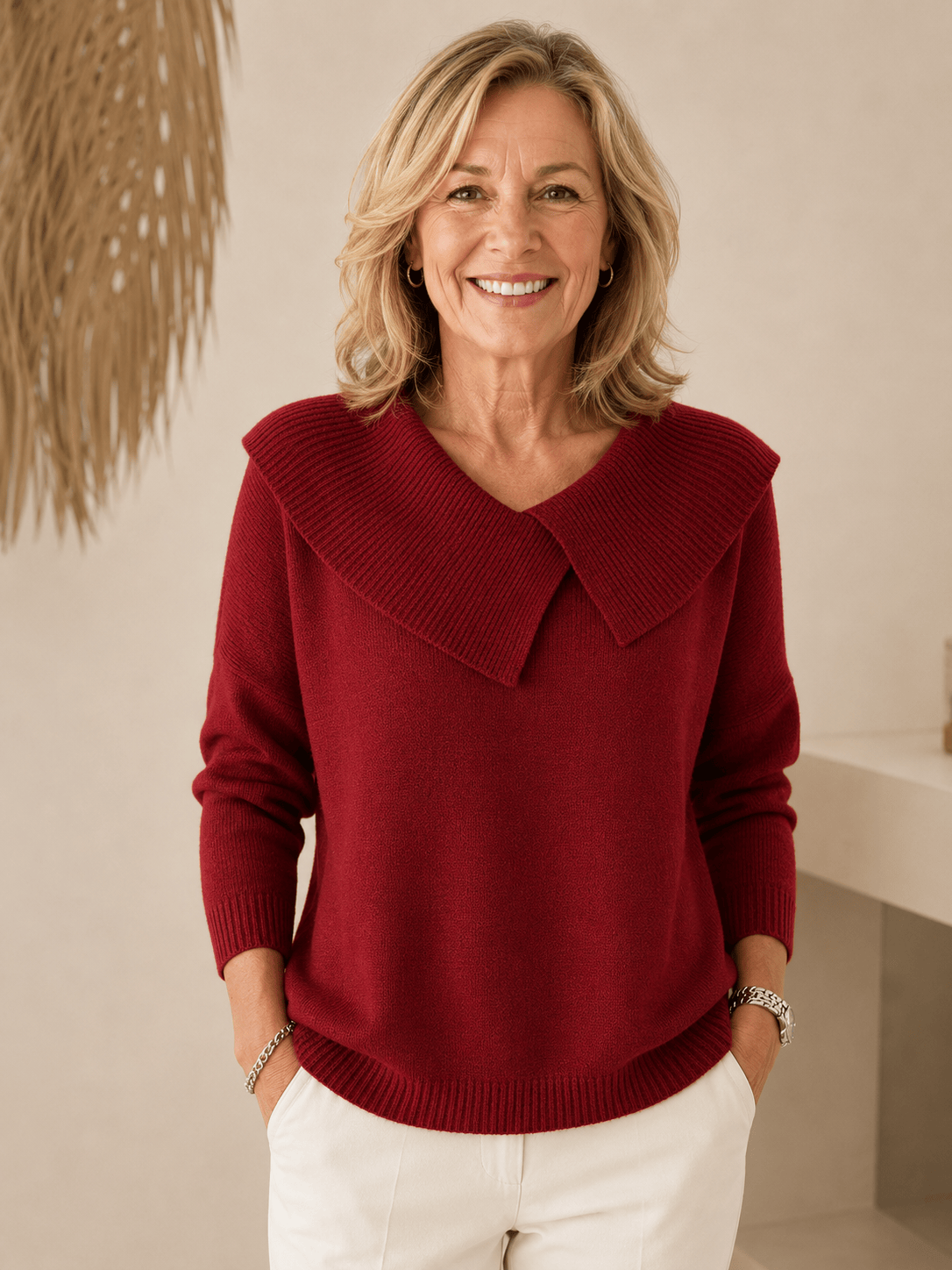 Women's warm sweater with soft collar by THE WHITMORE FAMILY, featuring cozy knit fabric and a stylish, relaxed fit.
