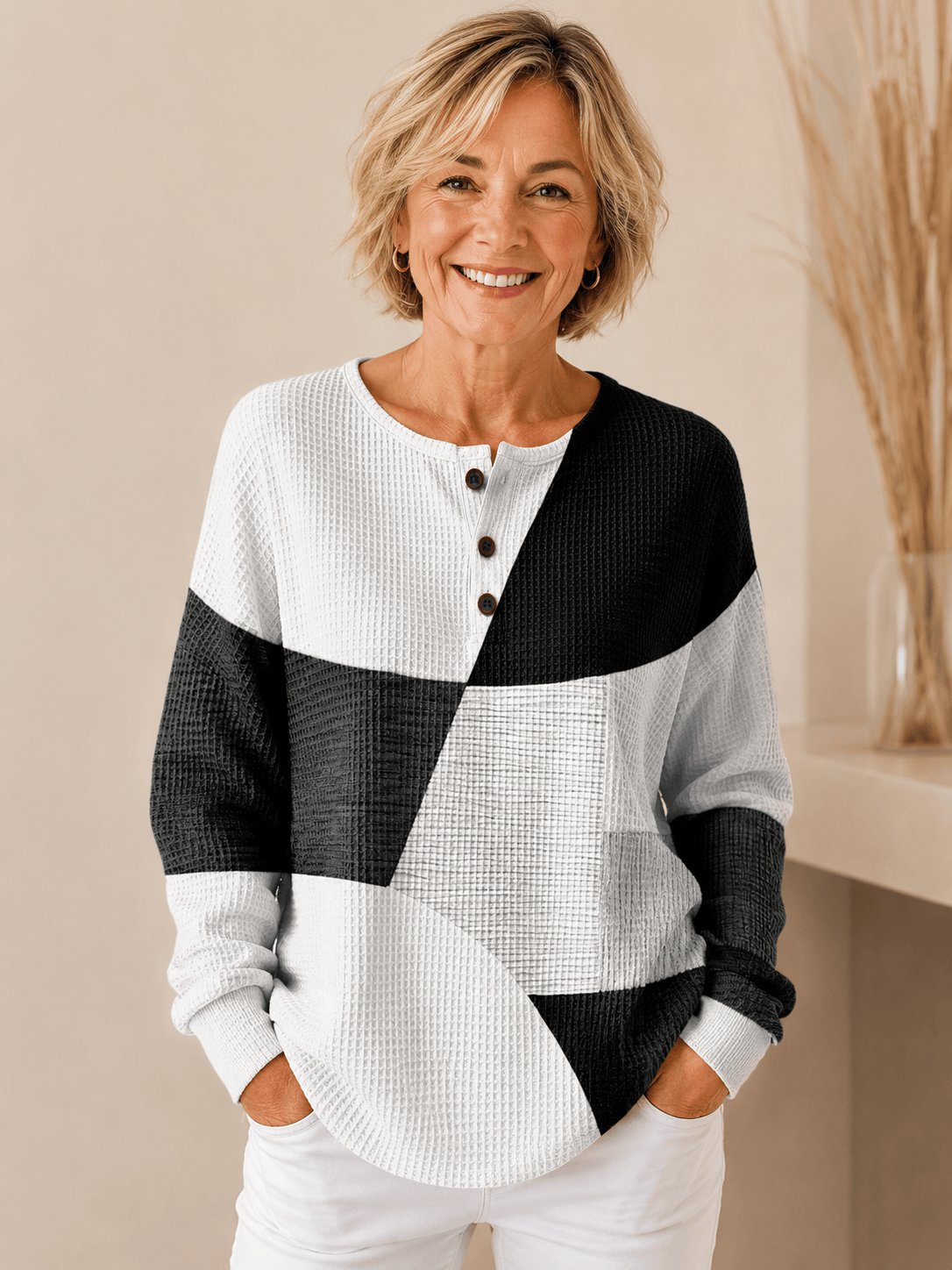 Women's Classic Comfort Jumper sweater by THE WHITMORE FAMILY, featuring a cozy knit design in neutral tones.