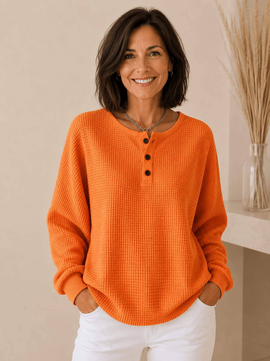 Light beige Cosy Waffle Henley Sweatshirt for women by THE WHITMORE FAMILY, featuring a textured waffle knit and button neckline.
